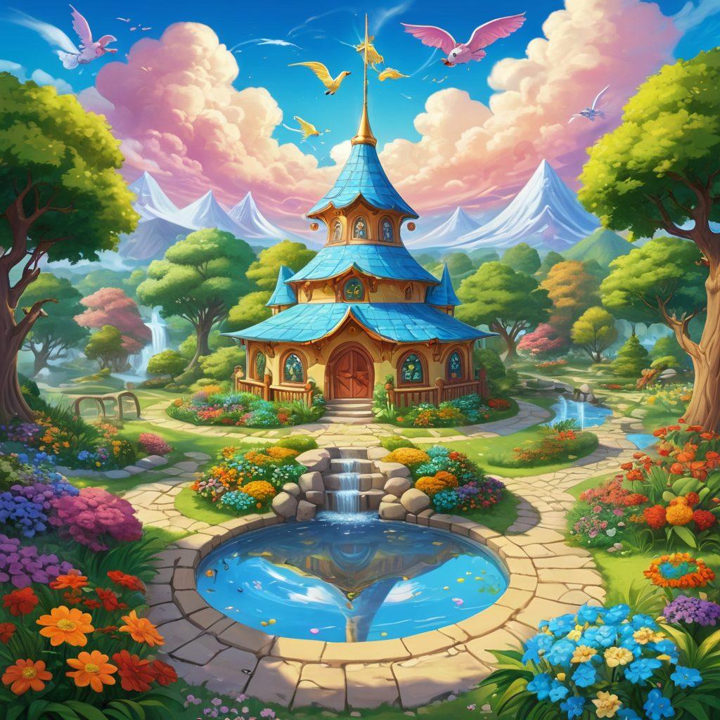 A whimsical, colorful landscape of Neopia featuring iconic Neopets like Gelert, Shoyru, and Aisha playing games. Include elements representing different Neopets hobbies, such as a Wheel of Excitement and a lush Neopian garden. Make the sky bright and cheerful with fluffy clouds. super-realistic. vibrant colors. fantasy art.