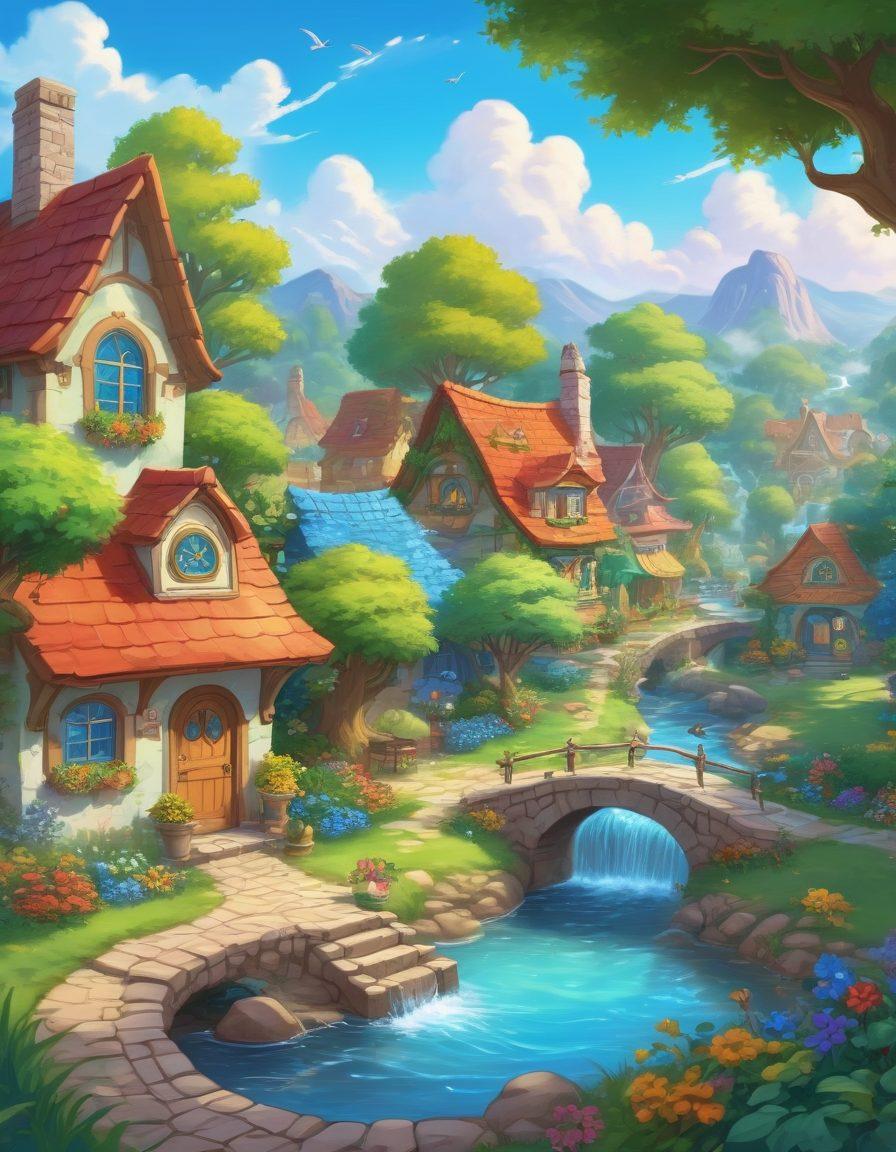 A whimsical landscape featuring Neopets interacting in a vibrant, colorful village setting. Include various Neopets engaged in pet care activities, such as grooming and playing, surrounded by community members sharing insights. Add elements of nature like lush trees and sparkling streams to evoke a sense of community and care. The sky should be a bright azure, framing the scene with warmth. cartoonish style. vibrant colors.