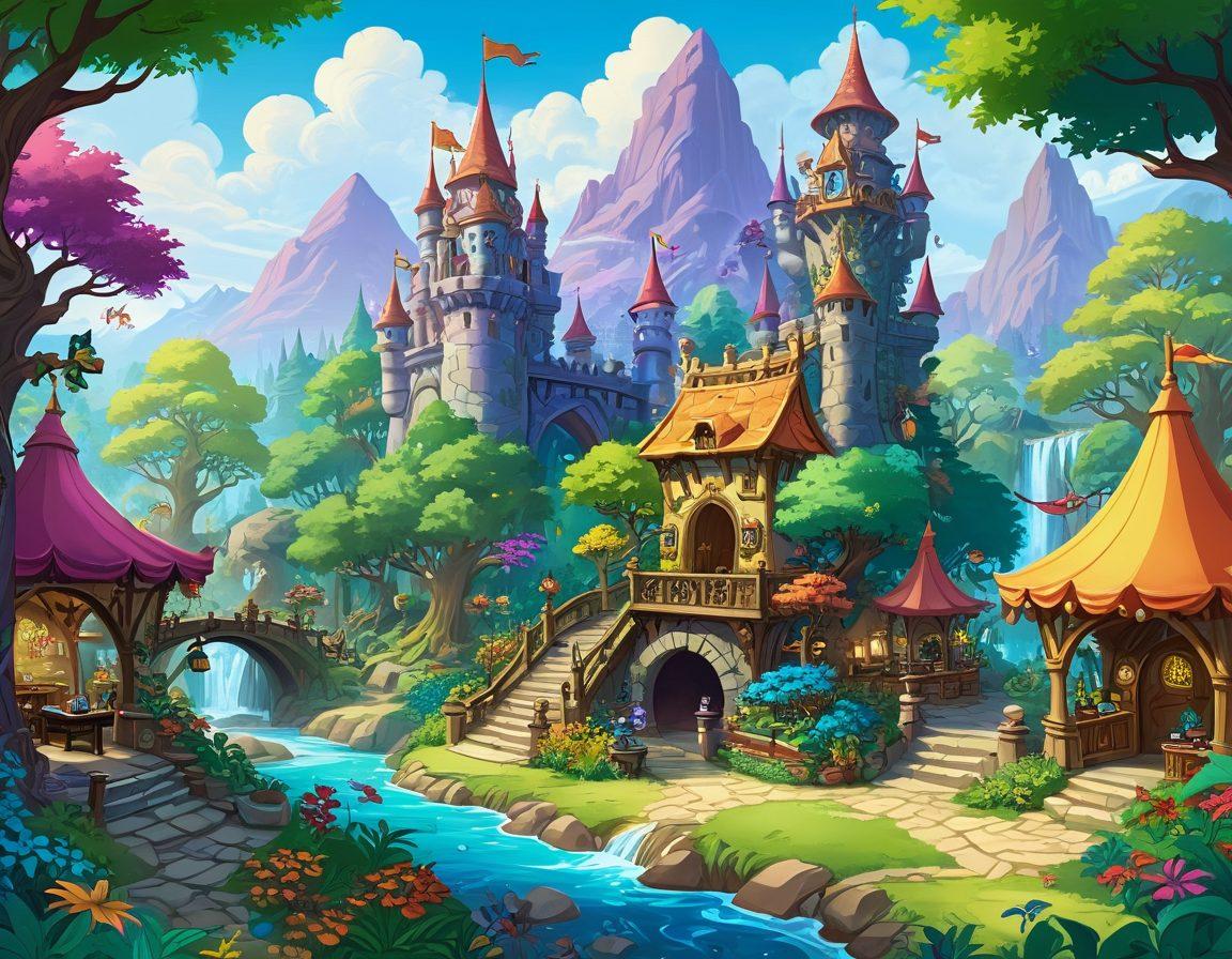 A colorful, whimsical landscape featuring a lush Neopia-like forest with unique Neopets interacting playfully. Include a vibrant marketplace bustling with diverse characters sharing tips and tricks, and a hint of a magical castle in the background. Add elements of adventure such as treasure maps and collectibles scattered around. whimsical, vibrant colors, illustration style.